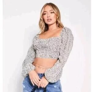 Altar'd State Brown Polka Dot Animal Print Long Sleeve Cropped Blouse Top XS